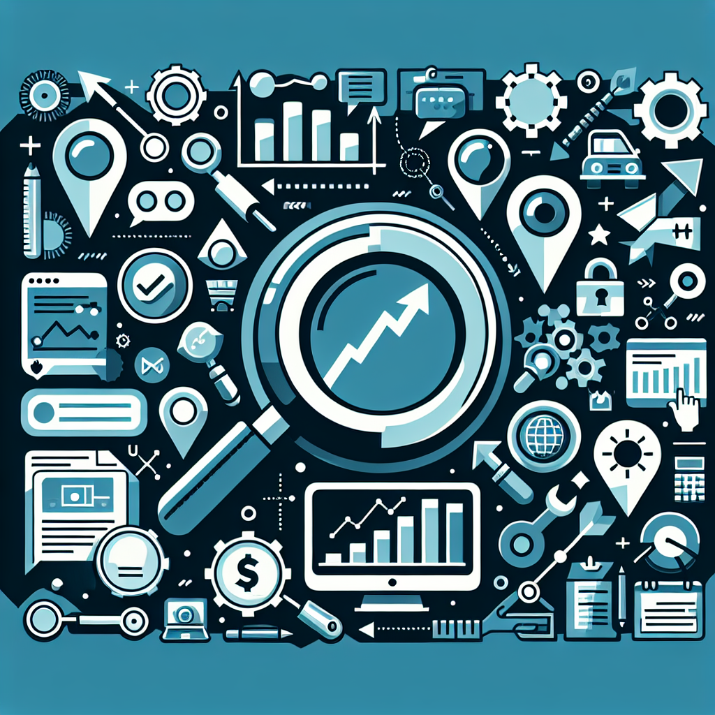 Professional SEO illustration with analytics charts and search optimization symbols for latest trends article