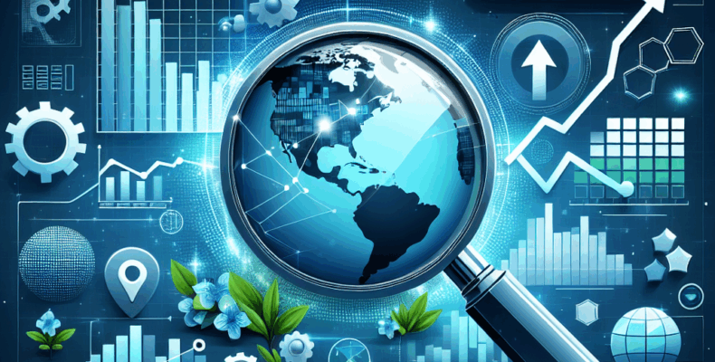 Professional SEO illustration with analytics charts and search optimization symbols for latest trends article