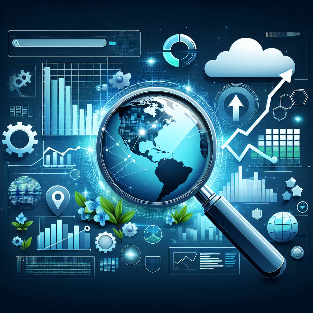Professional SEO illustration with analytics charts and search optimization symbols for latest trends article