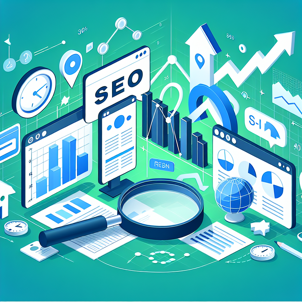Professional SEO illustration with analytics charts and search optimization symbols for latest trends article