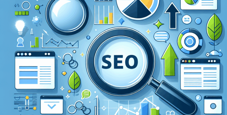 Professional SEO illustration with analytics charts and search optimization symbols for latest trends article