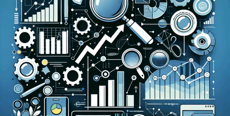 Professional SEO illustration with analytics charts and search optimization symbols for latest trends article