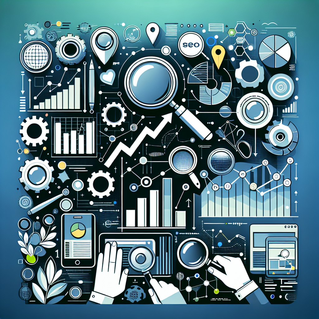 Professional SEO illustration with analytics charts and search optimization symbols for latest trends article
