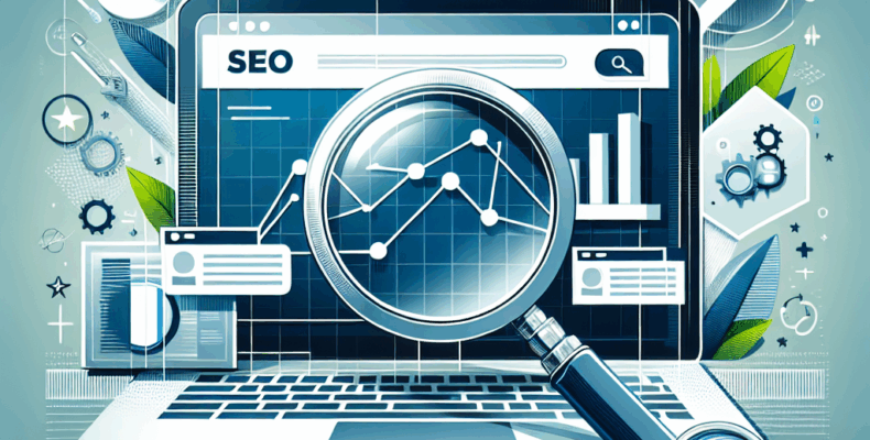 Professional SEO illustration with analytics charts and search optimization symbols for latest trends article
