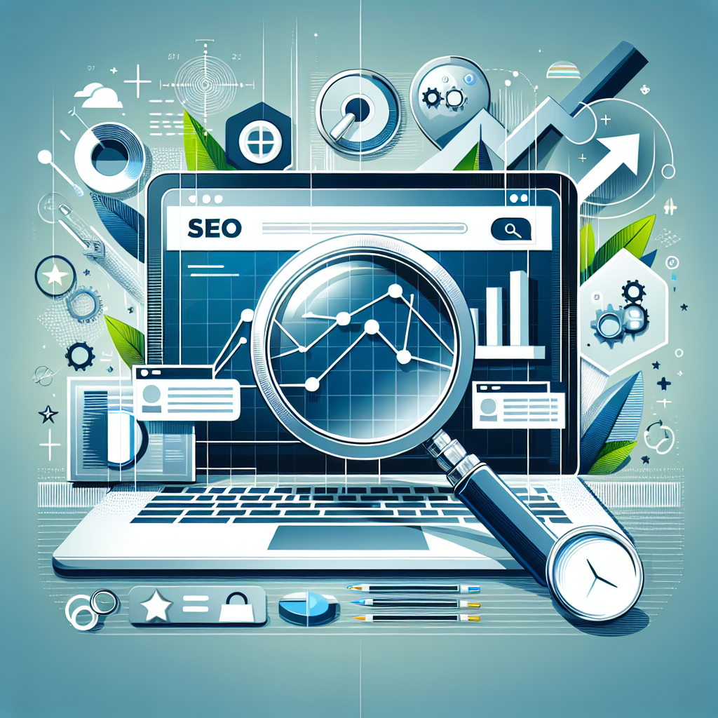 Professional SEO illustration with analytics charts and search optimization symbols for latest trends article