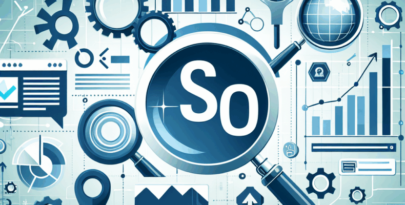 Professional SEO illustration with analytics charts and search optimization symbols for latest trends article