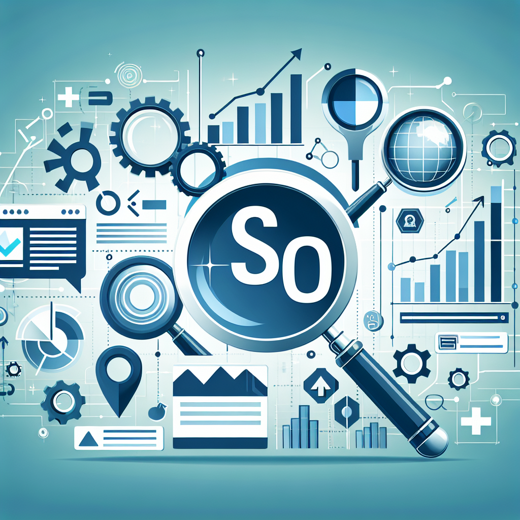 Professional SEO illustration with analytics charts and search optimization symbols for latest trends article