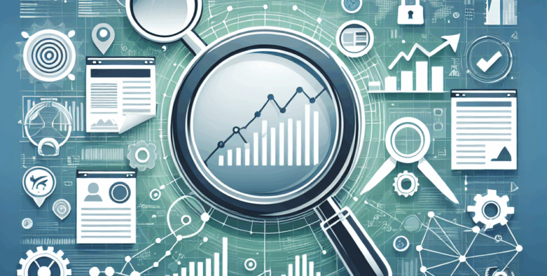 Professional SEO illustration with analytics charts and search optimization symbols for latest trends article