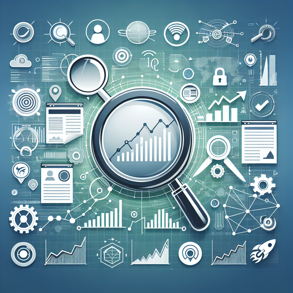 Professional SEO illustration with analytics charts and search optimization symbols for latest trends article
