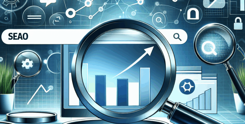 Professional SEO illustration with analytics charts and search optimization symbols for latest trends article