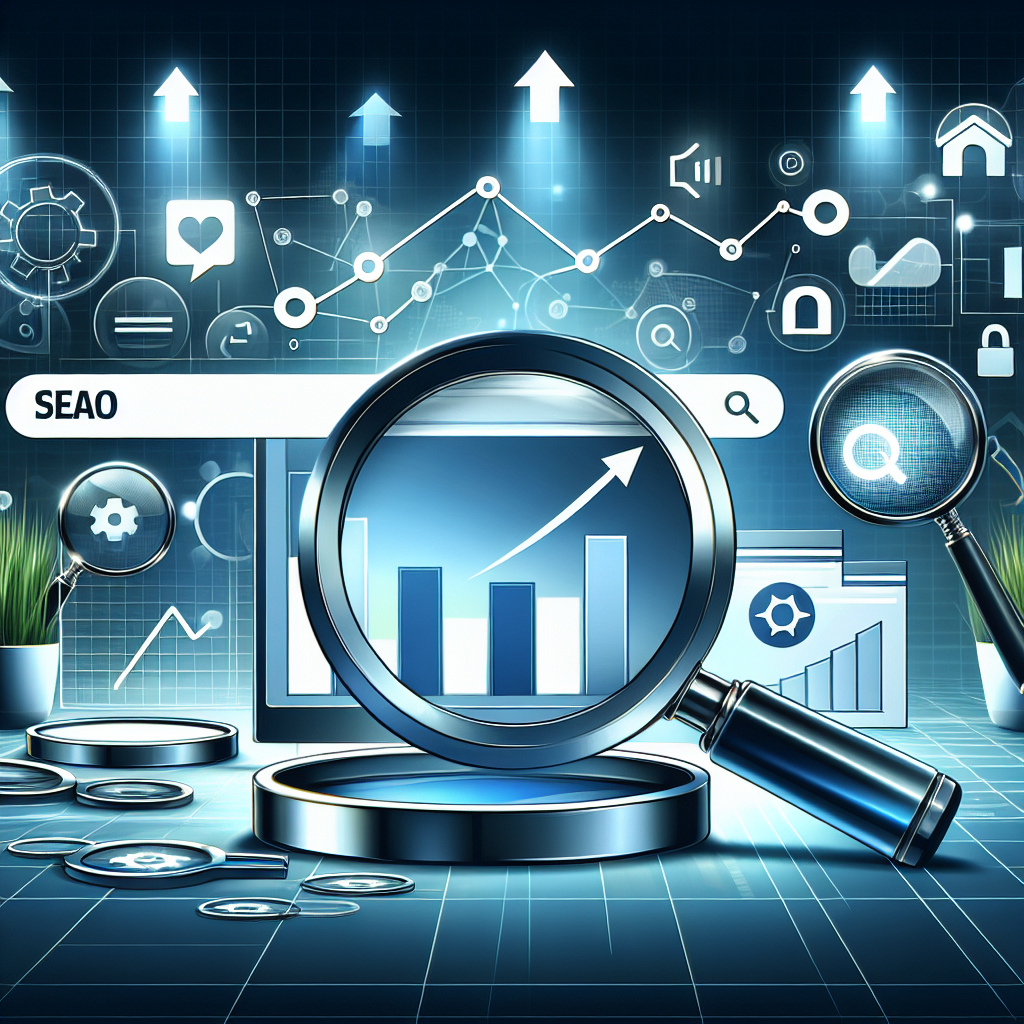 Professional SEO illustration with analytics charts and search optimization symbols for latest trends article