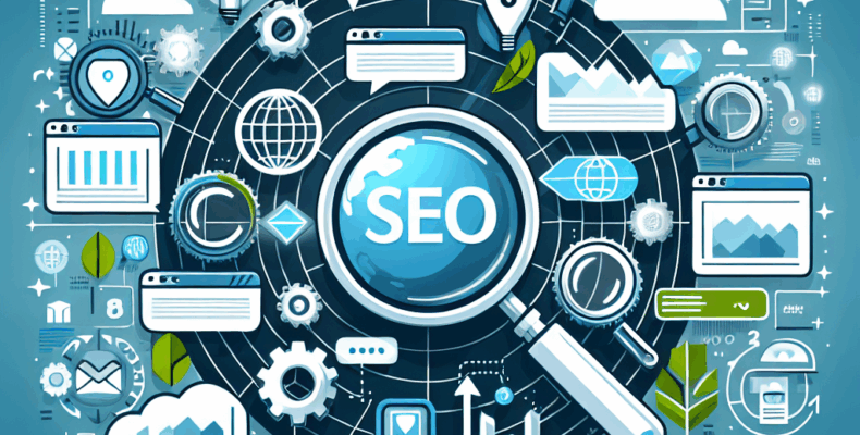 Professional SEO illustration with analytics charts and search optimization symbols for latest trends article