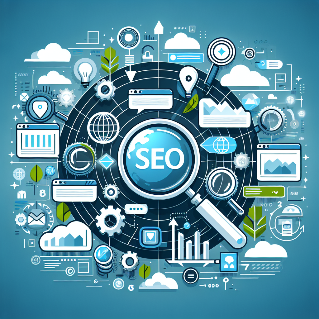 Professional SEO illustration with analytics charts and search optimization symbols for latest trends article