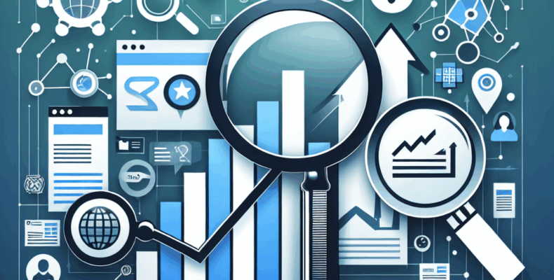 Professional SEO illustration with analytics charts and search optimization symbols for latest trends article