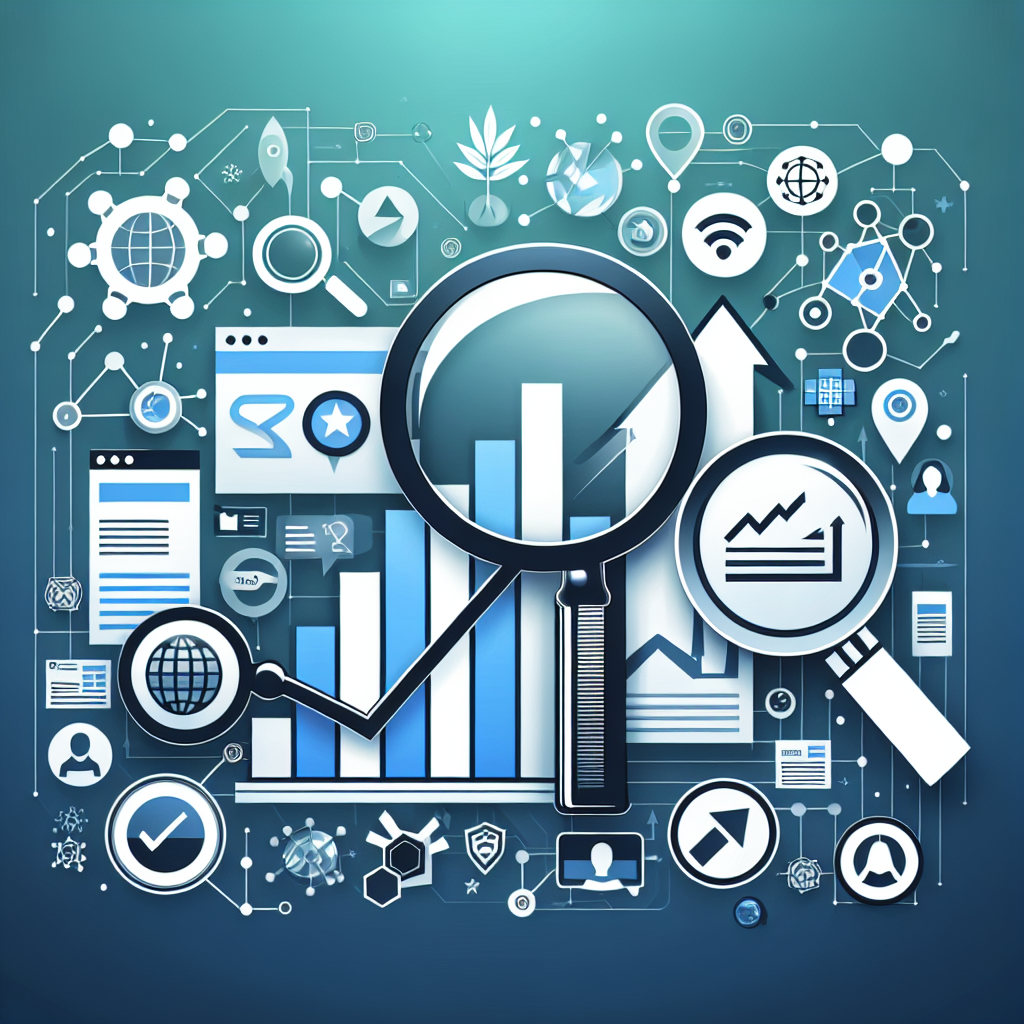 Professional SEO illustration with analytics charts and search optimization symbols for latest trends article