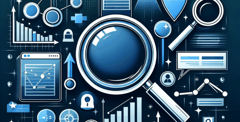 Professional SEO illustration with analytics charts and search optimization symbols for latest trends article