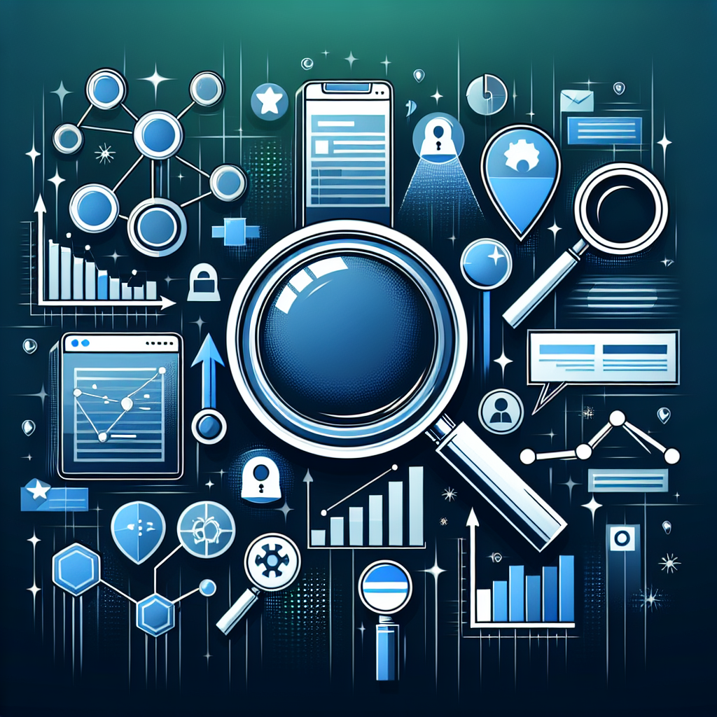 Professional SEO illustration with analytics charts and search optimization symbols for latest trends article