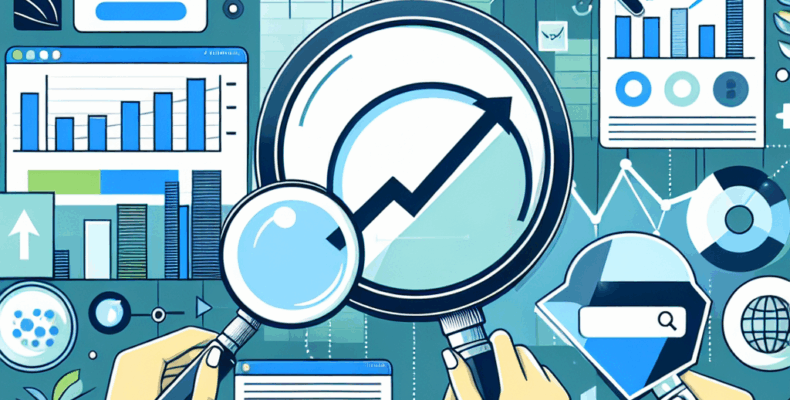 Professional SEO illustration with analytics charts and search optimization symbols for latest trends article