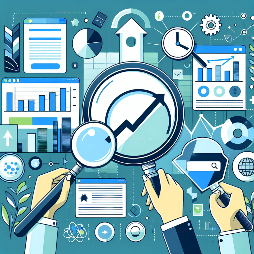 Professional SEO illustration with analytics charts and search optimization symbols for latest trends article