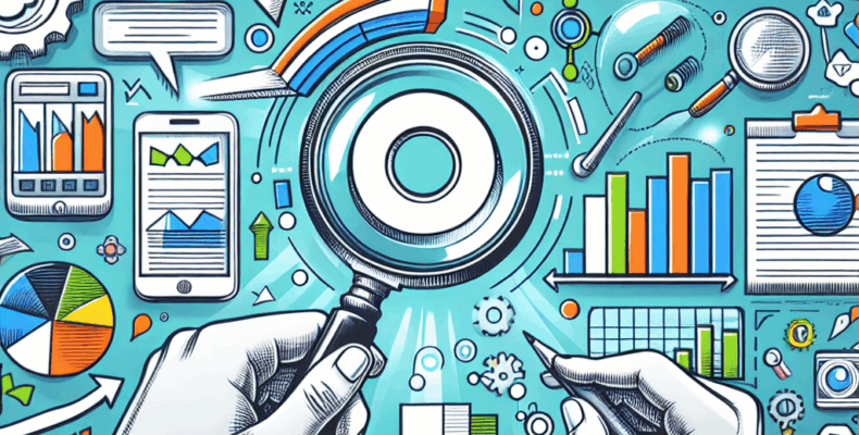 Professional SEO illustration with analytics charts and search optimization symbols for latest trends article