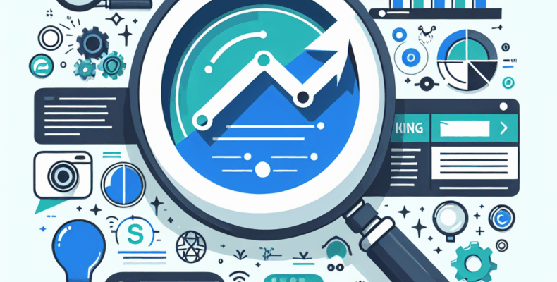 Professional SEO illustration with analytics charts and search optimization symbols for latest trends article
