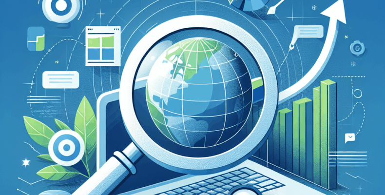 Professional SEO illustration with analytics charts and search optimization symbols for latest trends article
