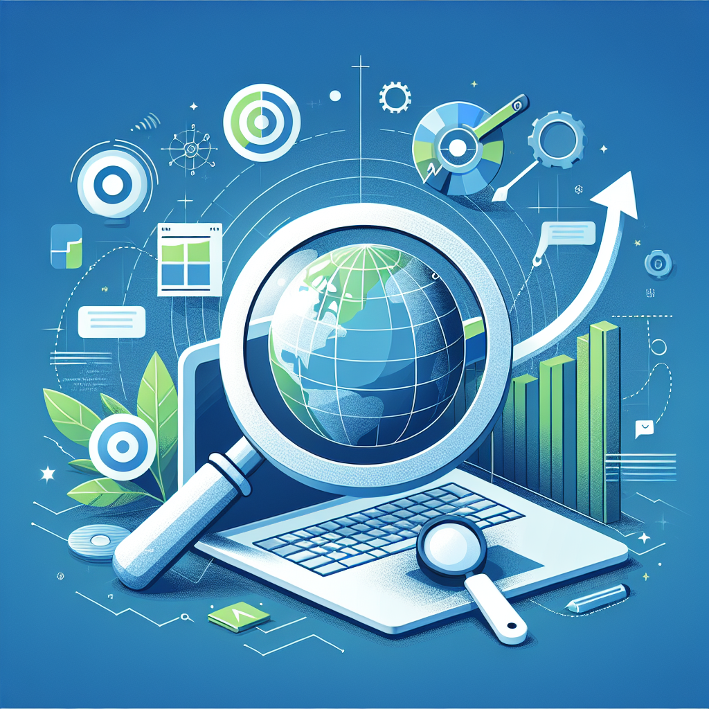 Professional SEO illustration with analytics charts and search optimization symbols for latest trends article