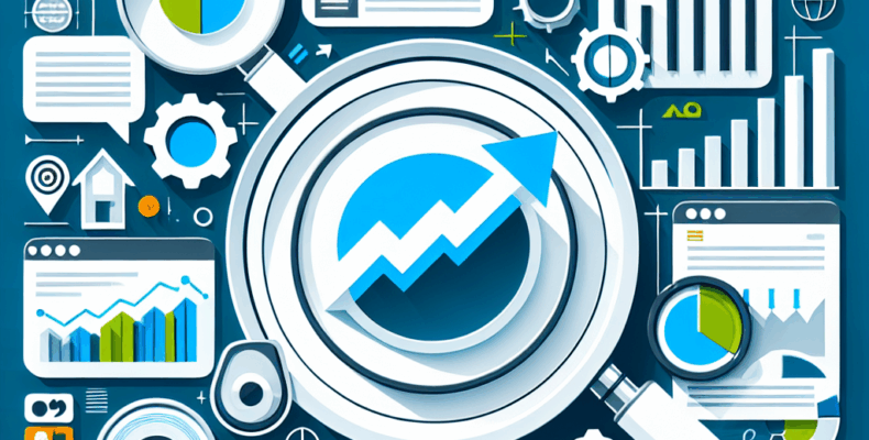 Professional SEO illustration with analytics charts and search optimization symbols for latest trends article