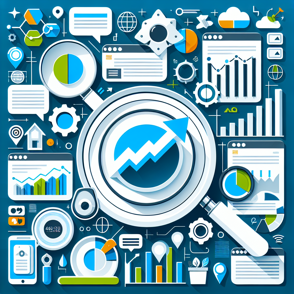 Professional SEO illustration with analytics charts and search optimization symbols for latest trends article