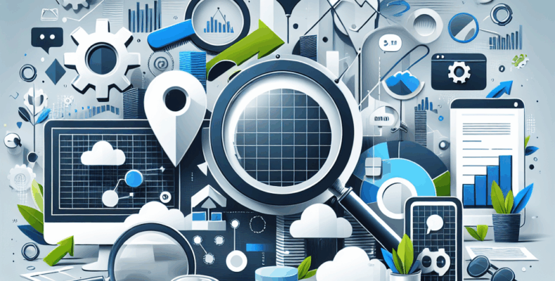 Professional SEO illustration with analytics charts and search optimization symbols for latest trends article