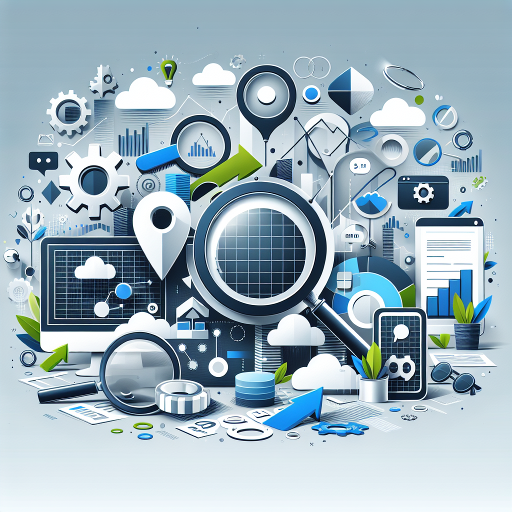 Professional SEO illustration with analytics charts and search optimization symbols for latest trends article