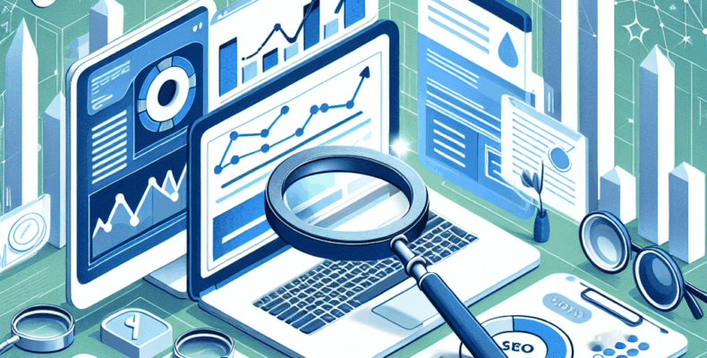 Professional SEO illustration with analytics charts and search optimization symbols for latest trends article