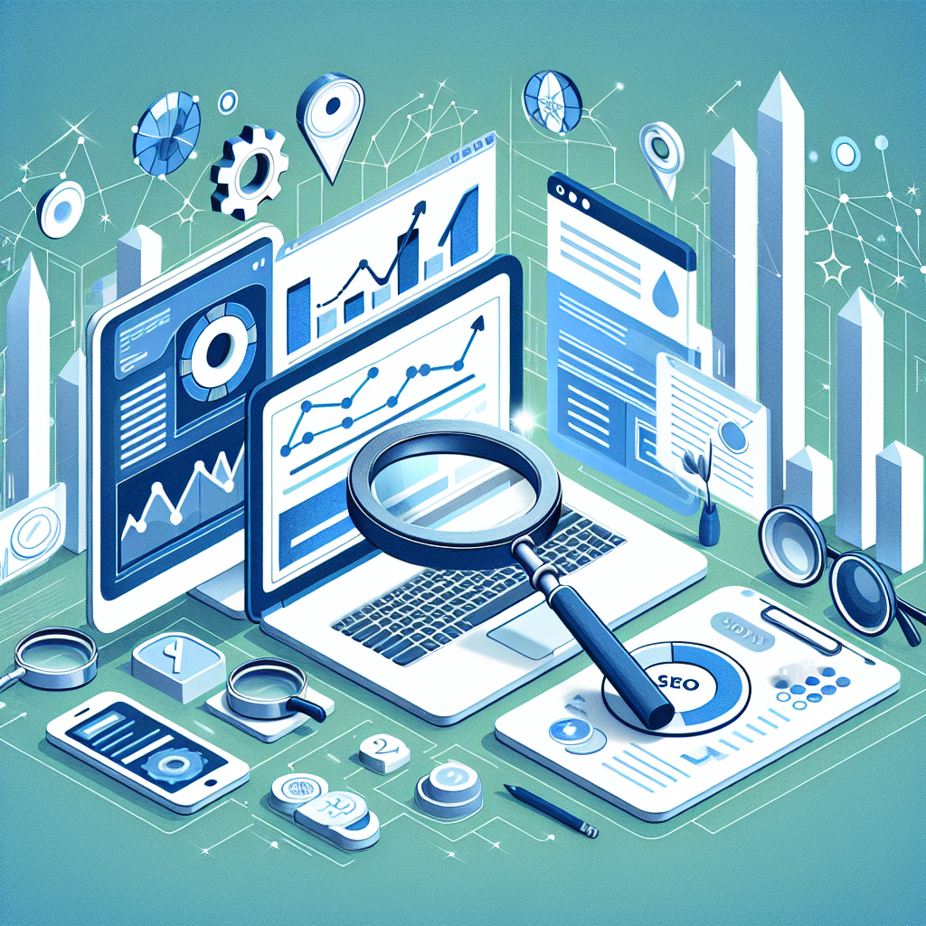 Professional SEO illustration with analytics charts and search optimization symbols for latest trends article