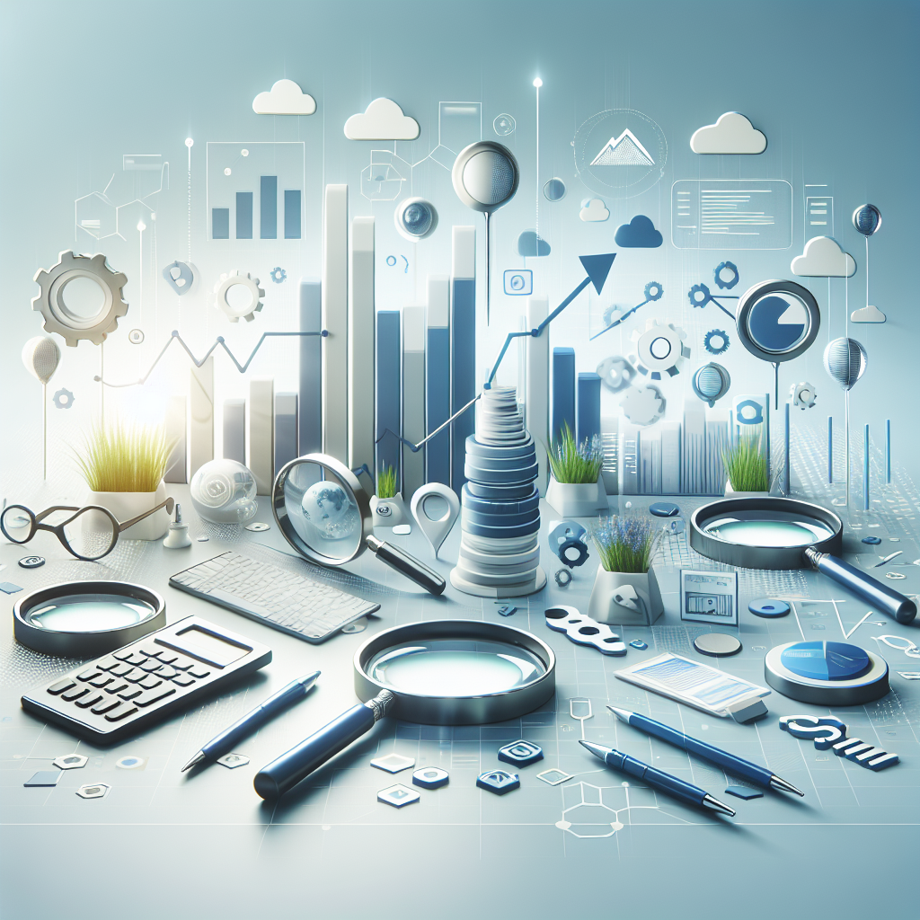 Professional SEO illustration with analytics charts and search optimization symbols for latest trends article