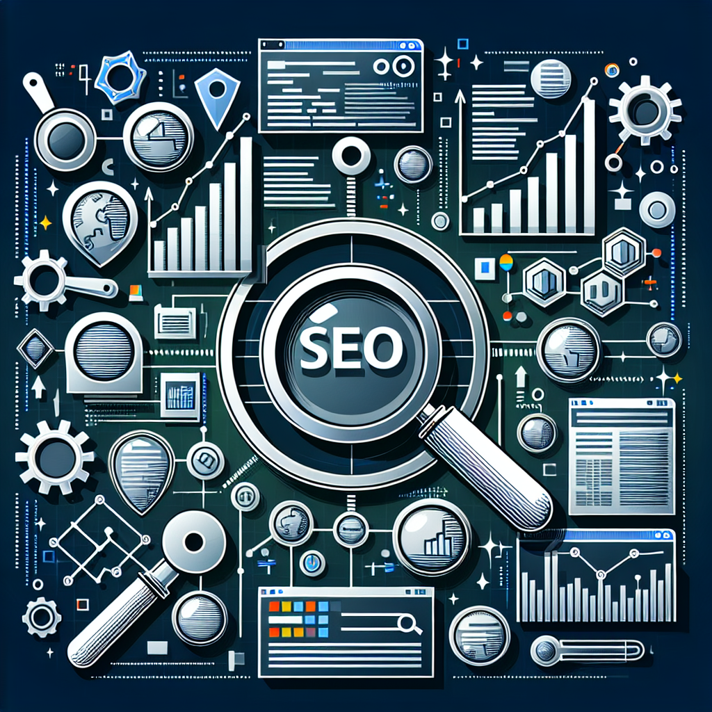 Professional SEO illustration with analytics charts and search optimization symbols for latest trends article