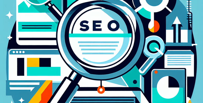 Professional SEO illustration with analytics charts and search optimization symbols for latest trends article