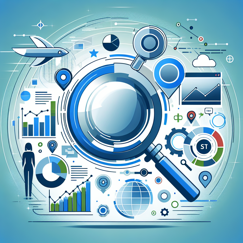 Professional SEO illustration with analytics charts and search optimization symbols for latest trends article