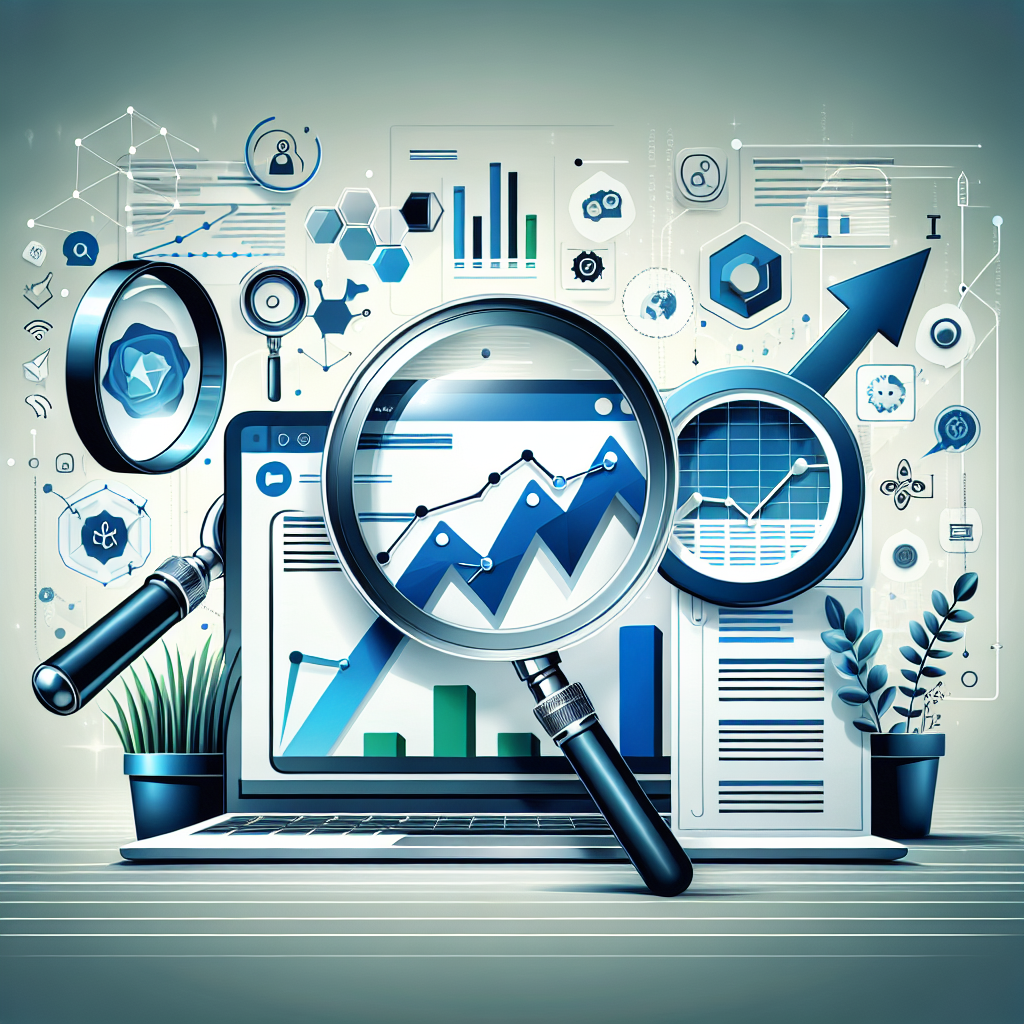 Professional SEO illustration with analytics charts and search optimization symbols for latest trends article