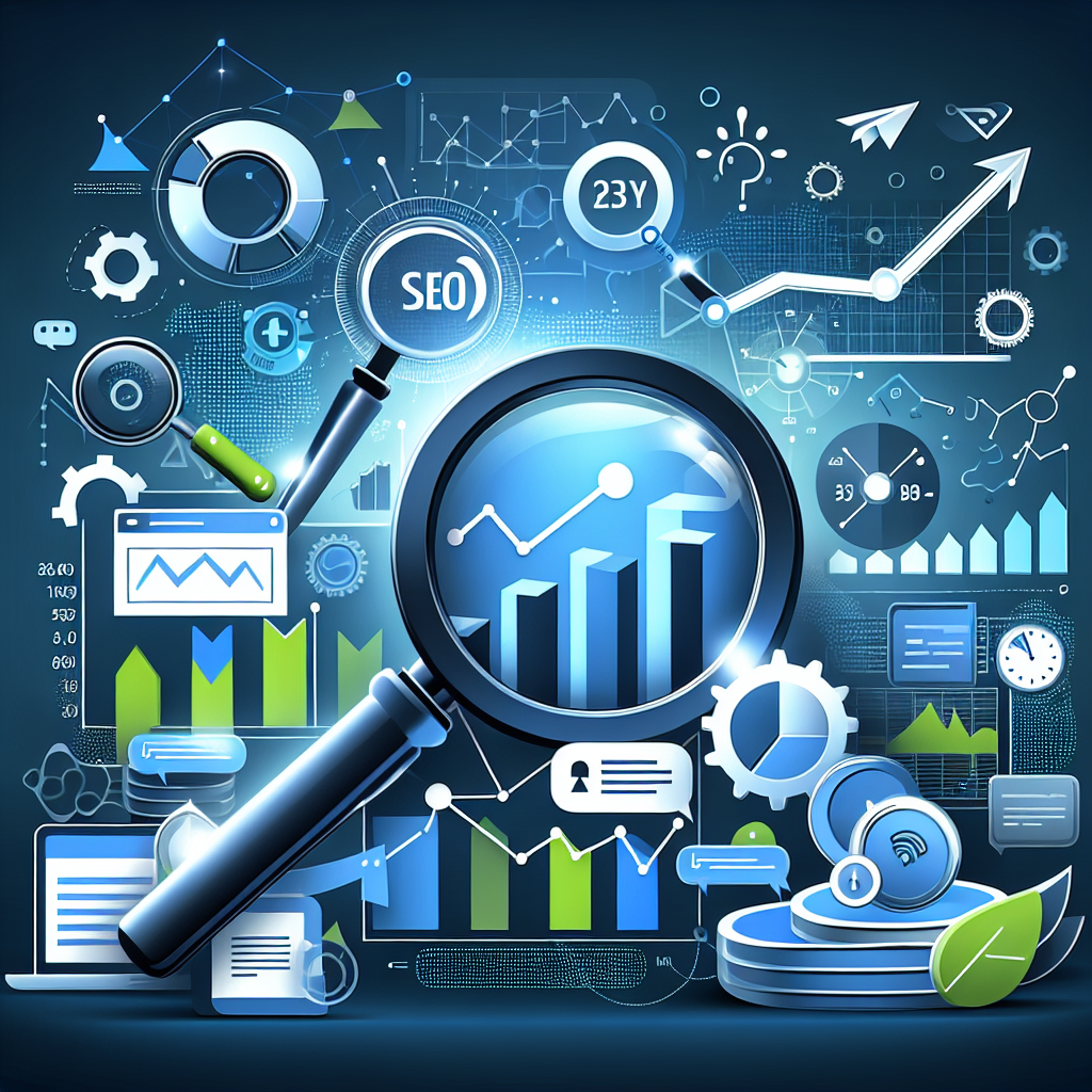 Professional SEO illustration with analytics charts and search optimization symbols for latest trends article