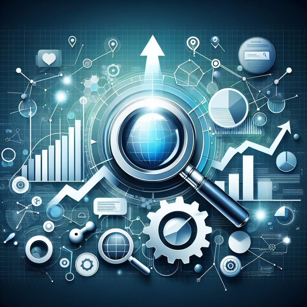 Professional SEO illustration with analytics charts and search optimization symbols for latest trends article