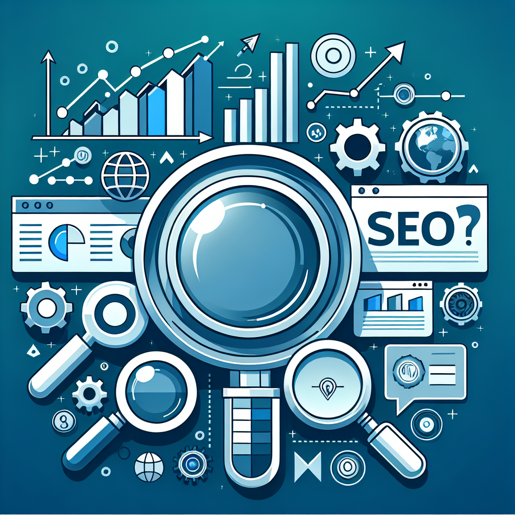 Professional SEO illustration with analytics charts and search optimization symbols for latest trends article