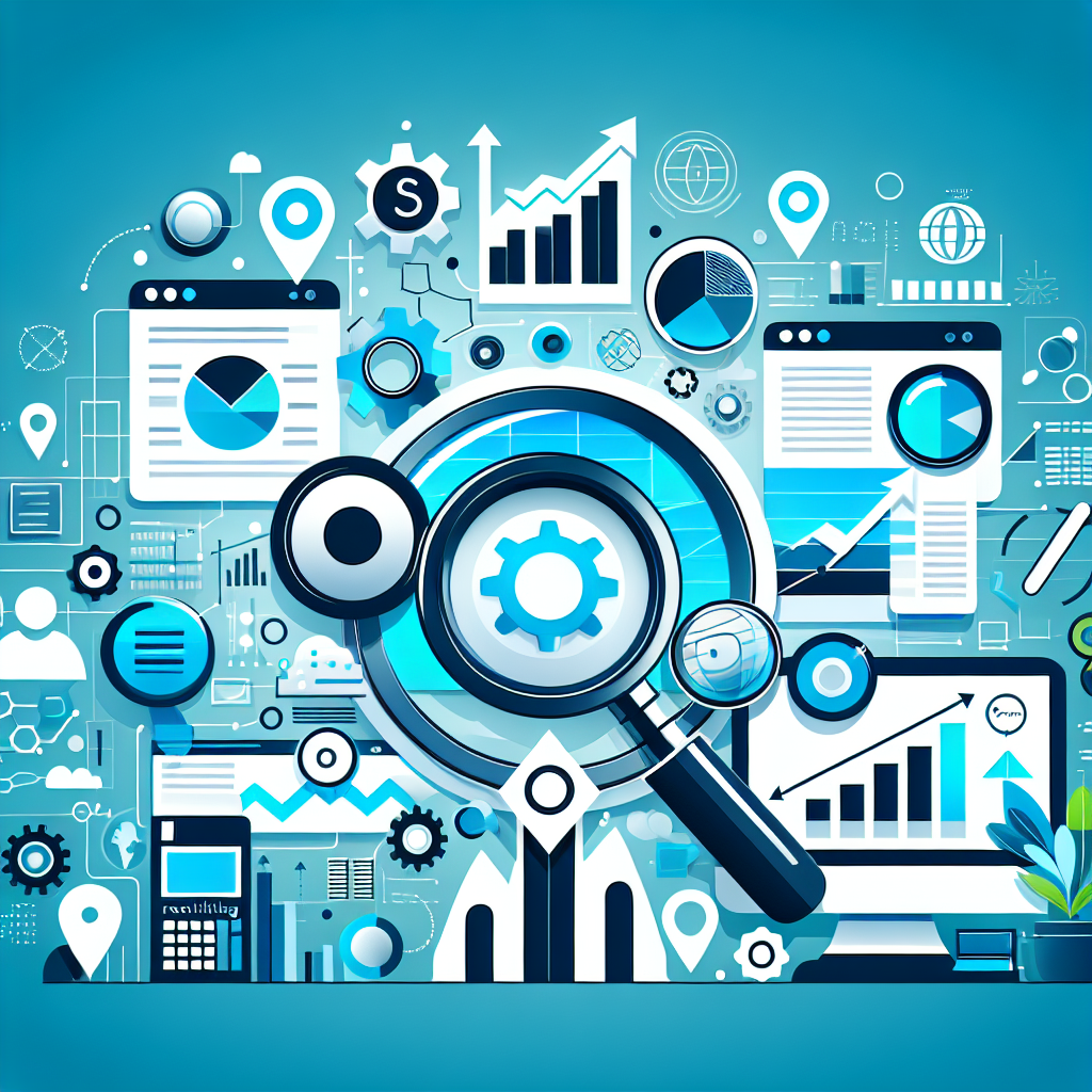 Professional SEO illustration with analytics charts and search optimization symbols for latest trends article