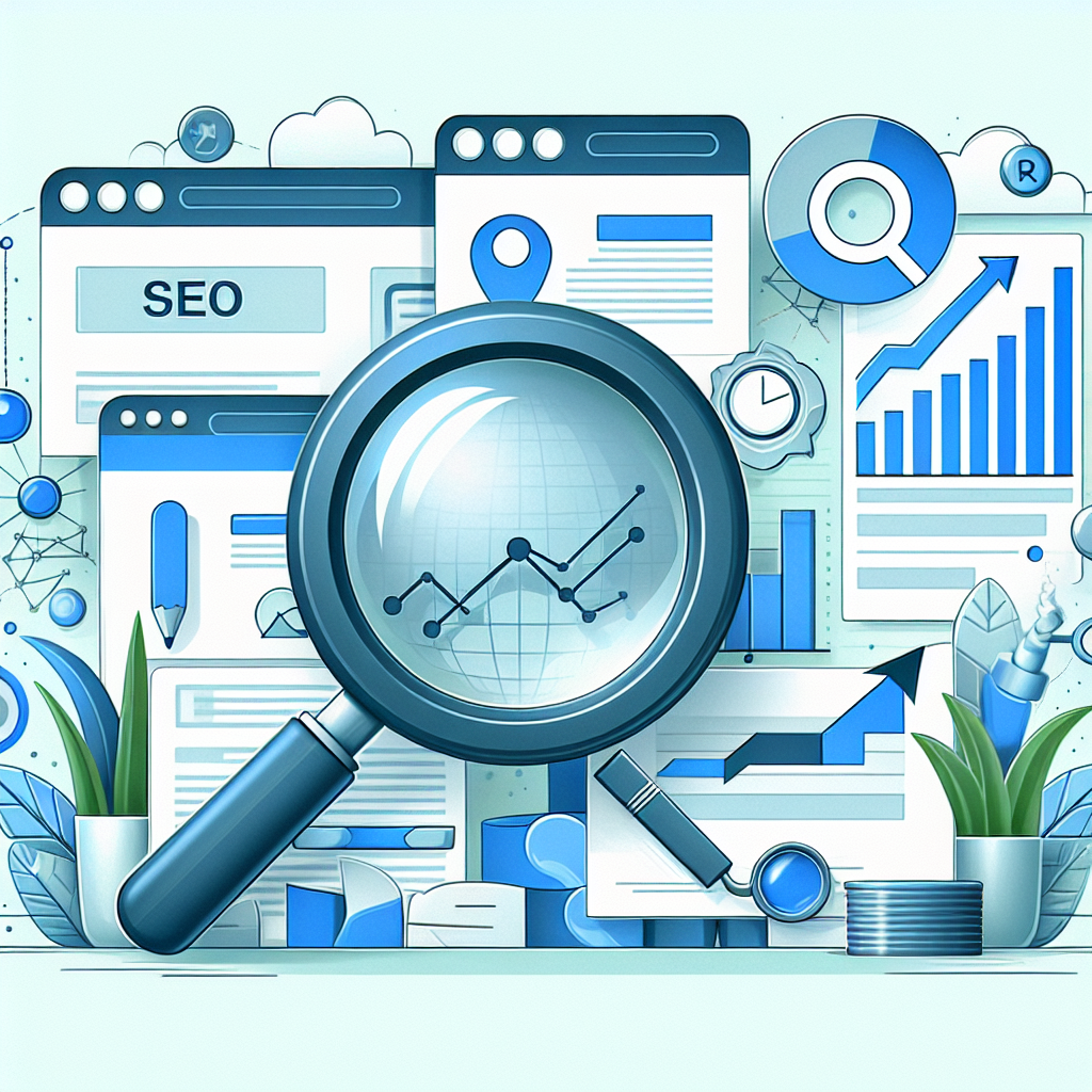 Professional SEO illustration with analytics charts and search optimization symbols for latest trends article