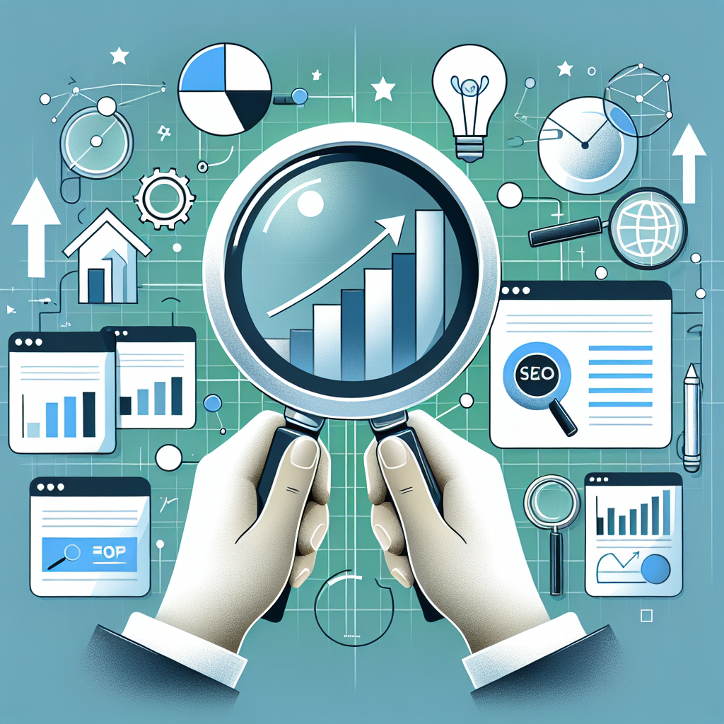 Professional SEO illustration with analytics charts and search optimization symbols for latest trends article