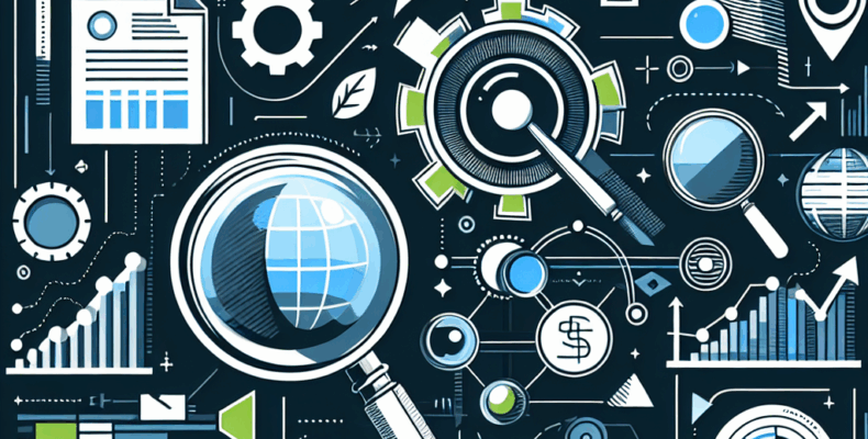 Professional SEO illustration with analytics charts and search optimization symbols for latest trends article