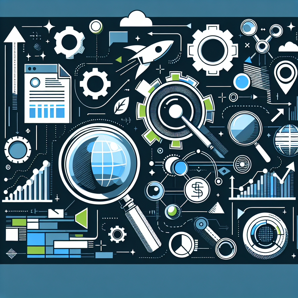 Professional SEO illustration with analytics charts and search optimization symbols for latest trends article