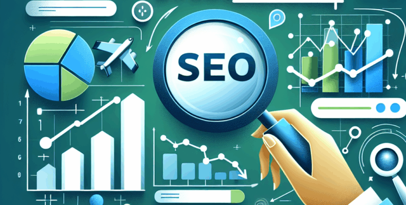 Professional SEO illustration with analytics charts and search optimization symbols for latest trends article