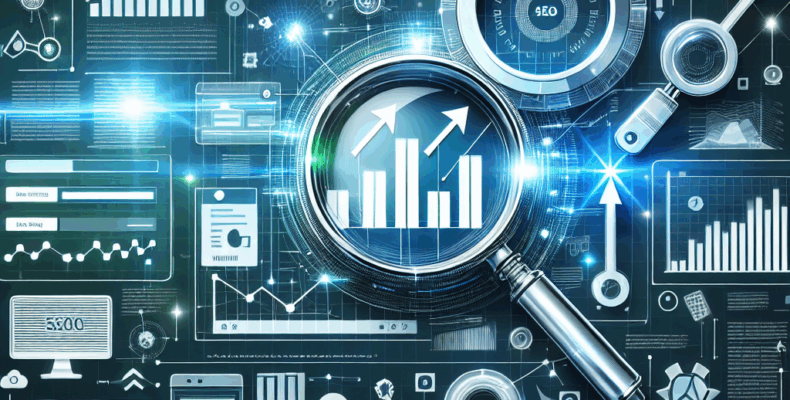 Professional SEO illustration with analytics charts and search optimization symbols for latest trends article