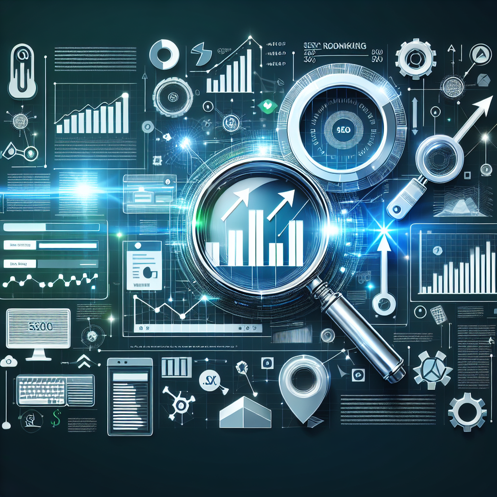 Professional SEO illustration with analytics charts and search optimization symbols for latest trends article
