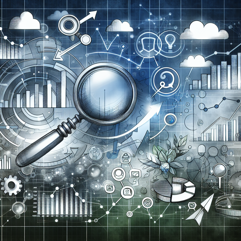 Professional SEO illustration with analytics charts and search optimization symbols for latest trends article